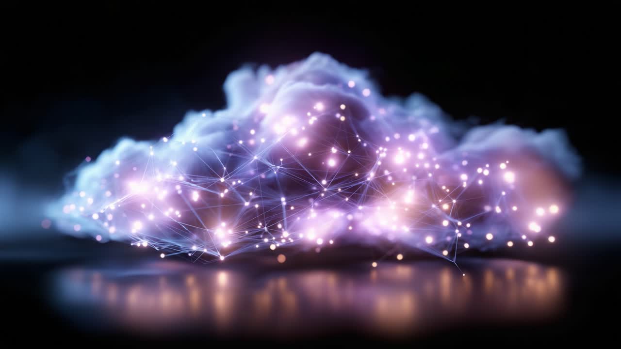 Una visualizzazione mozzafiato di una struttura a nuvola intrisa di luce e connessioni dati, che rappresenta la convergenza tra tecnologia e natura in un regno digitale