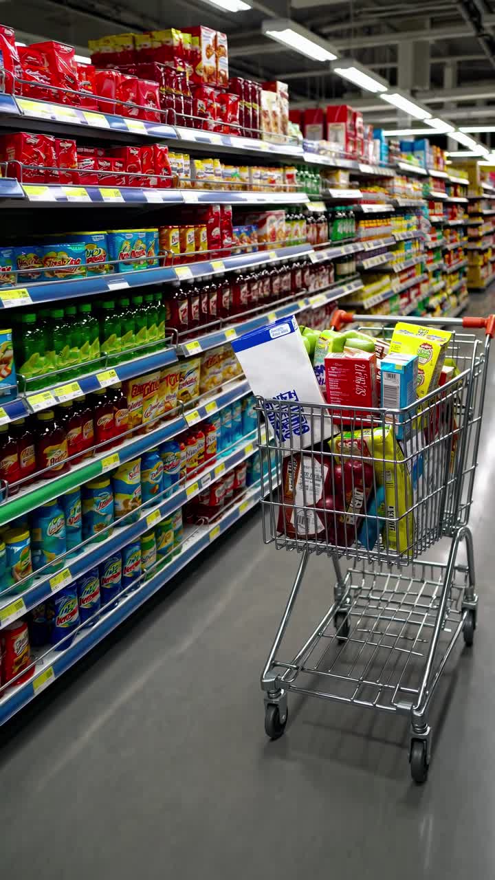 Vidvinkelbillede af en supermarkedsgang med en fyldt indkøbsvogn i fokus, der fanger den pulserende