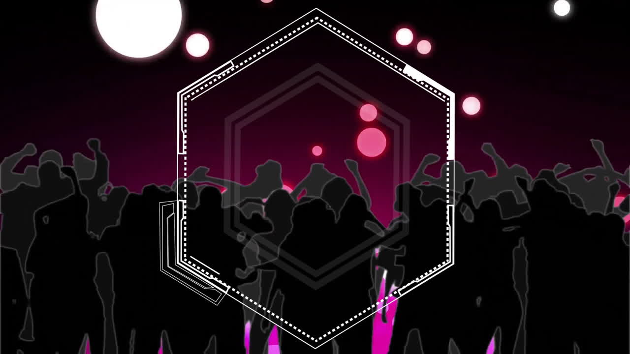 Animation of silhouettes of people dancing over hexagon