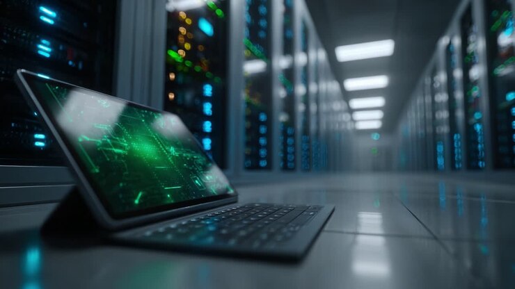 A Futuristic Data Center with a Sleek Tablet Displaying a Digital Interface, Illuminating the High-Tech Environment with a Green Glow and Servers in the Background