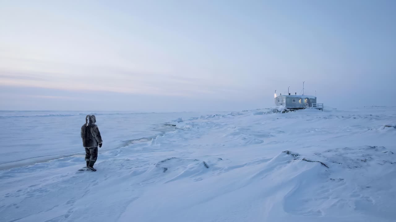 Persona in tenuta invernale in un vasto paesaggio artico innevato