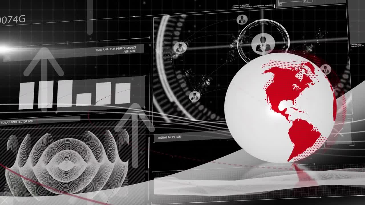 전 세계에 대한 처리 원의 애니메이션과 검은 바탕에 대한 데이터 처리.