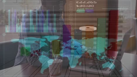 animación del procesamiento de estadísticas sobre un empresario que usa una computadora portátil