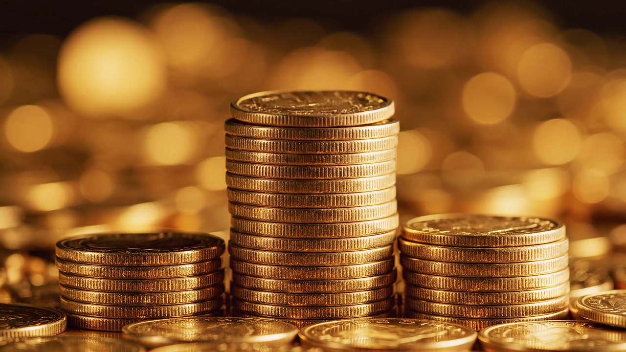 Stacks of Gold Coins with Falling Money and Bokeh Background