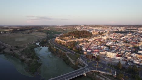 town badajoz in spain with medieval old town and fortress castle walls, aerial
