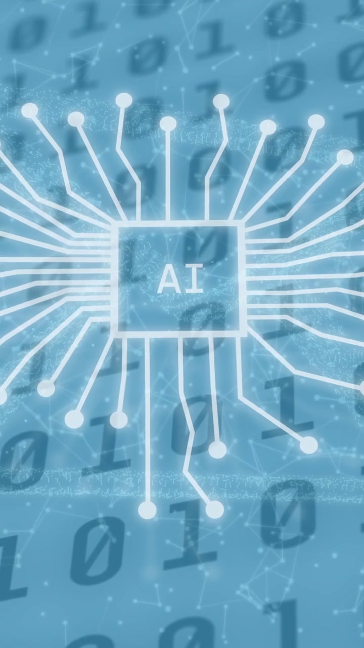Animation of ai data processing over binary coding with ai icons