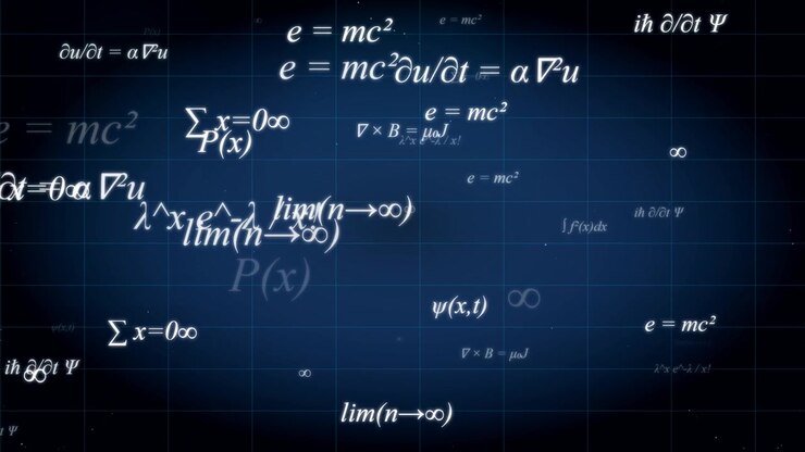 Floating Mathematical Formulas and Physics Equations on Dark Blue Background