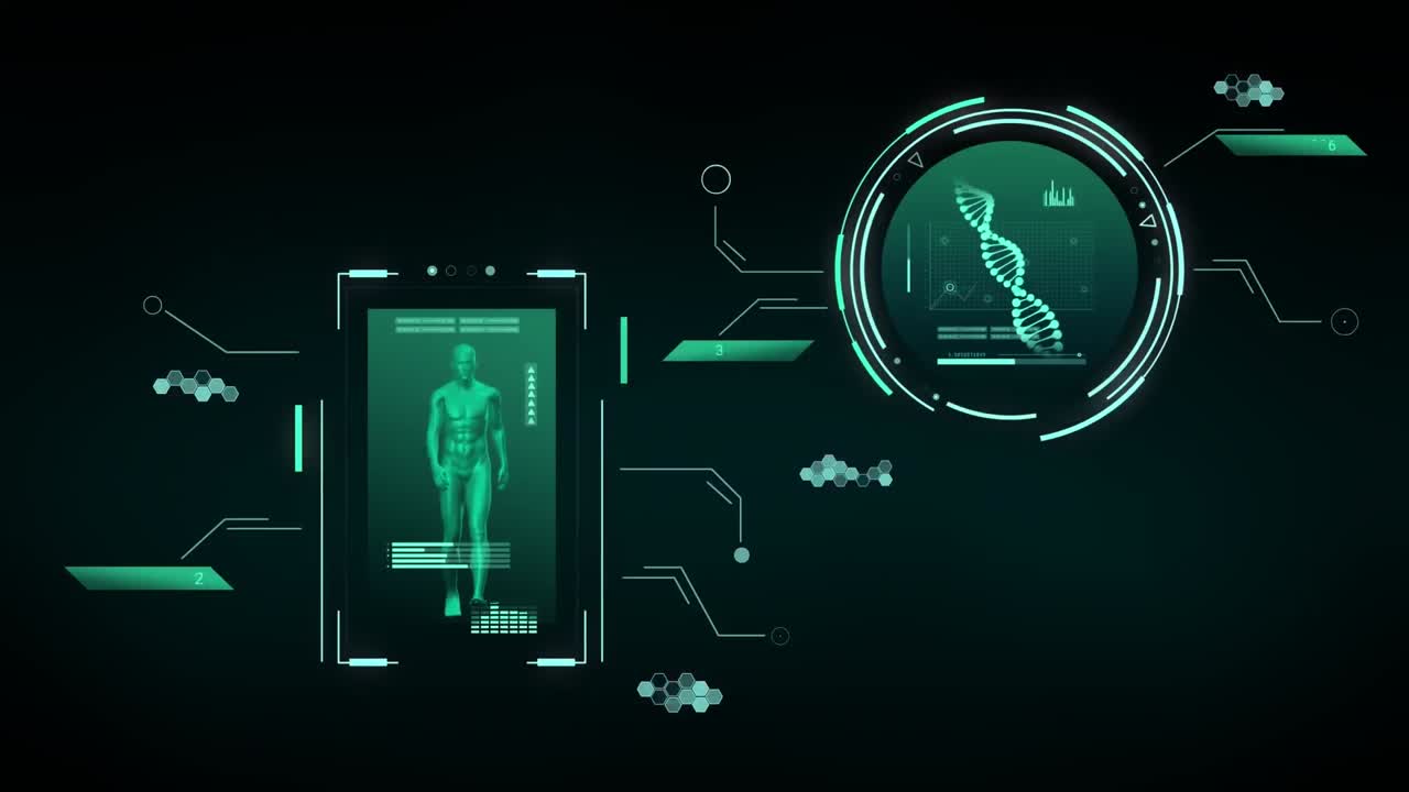 Animation of data processing with dna strand and human over black background