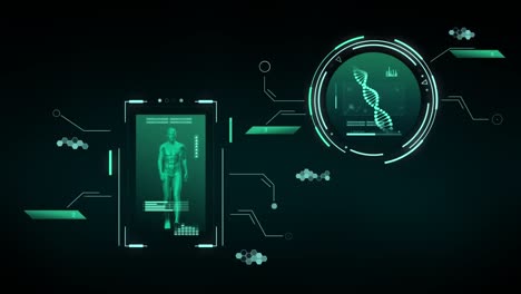 animation of data processing with dna strand and human over black background