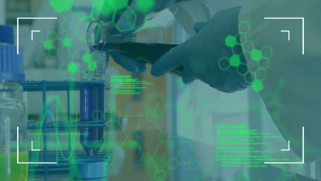 animación de la fórmula química y el procesamiento de datos sobre el científico que hace el experimento
