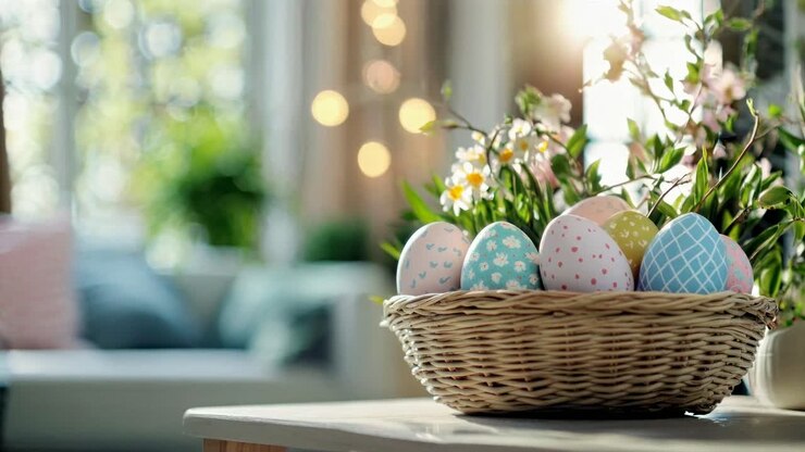 A cozy, close-up video of a wicker basket with colorful Easter eggs, set in a softly lit room