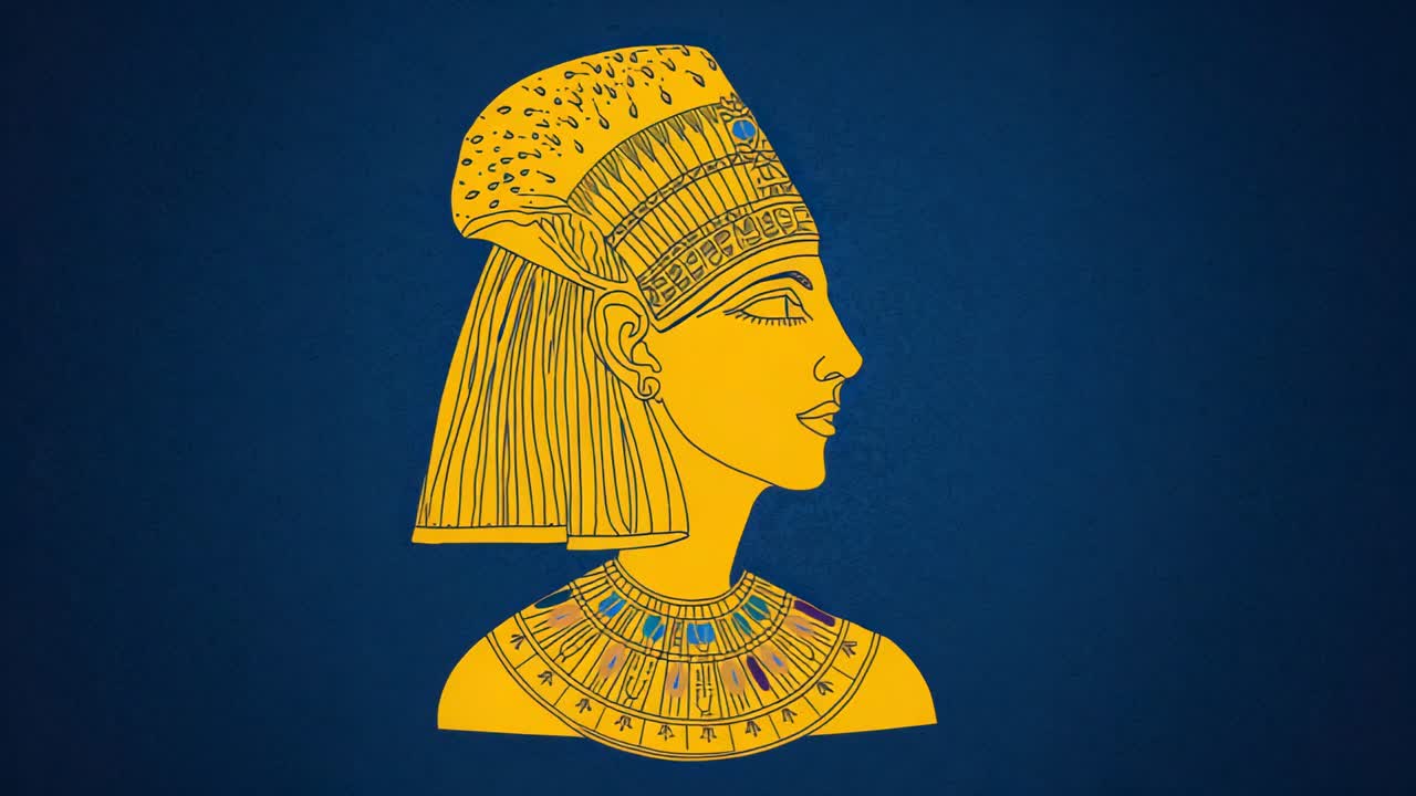 Frame five animating Egyptian queen profile gilding on blue showing collar fill progression