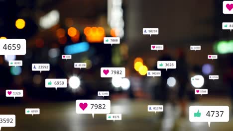 Animation-of-social-media-icons-and-numbers-over-out-of-focus-city-and-car-lights