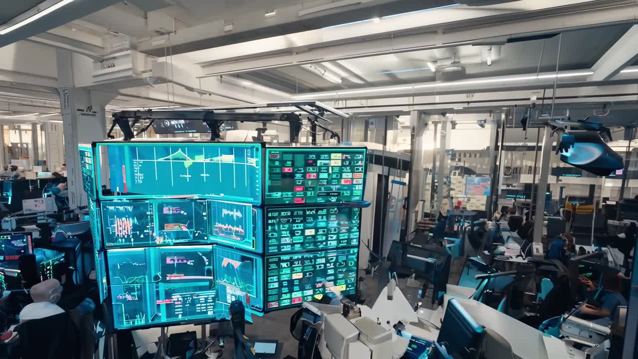 High-angle video of a bustling trading floor, filled with screens displaying stock data