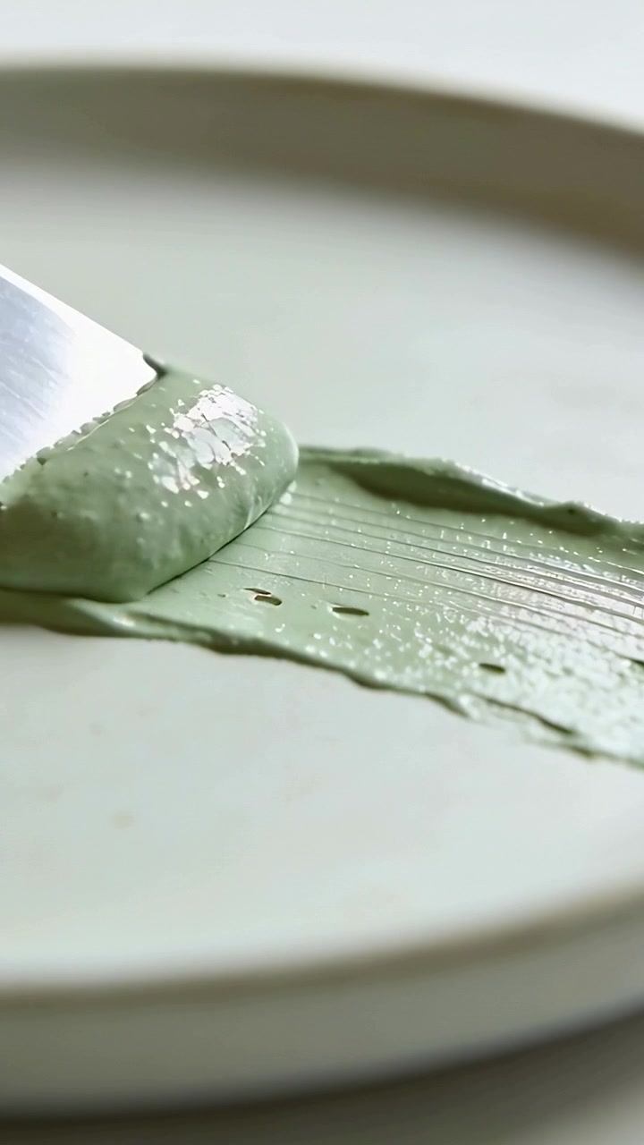 Video verticale: Coltello che tocca la vernice, stendendo vernice color menta su un piatto bianco per creare una texture a rilievo