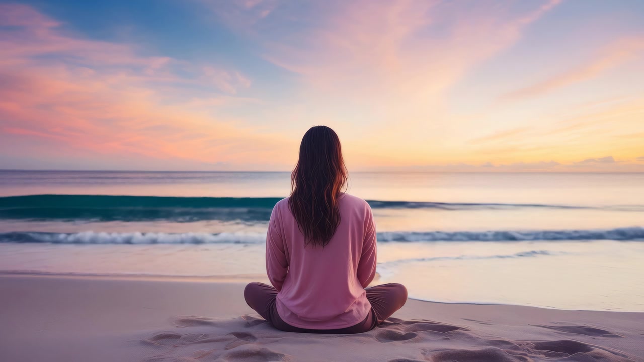 Woman Meditating on Beach at Sunset
