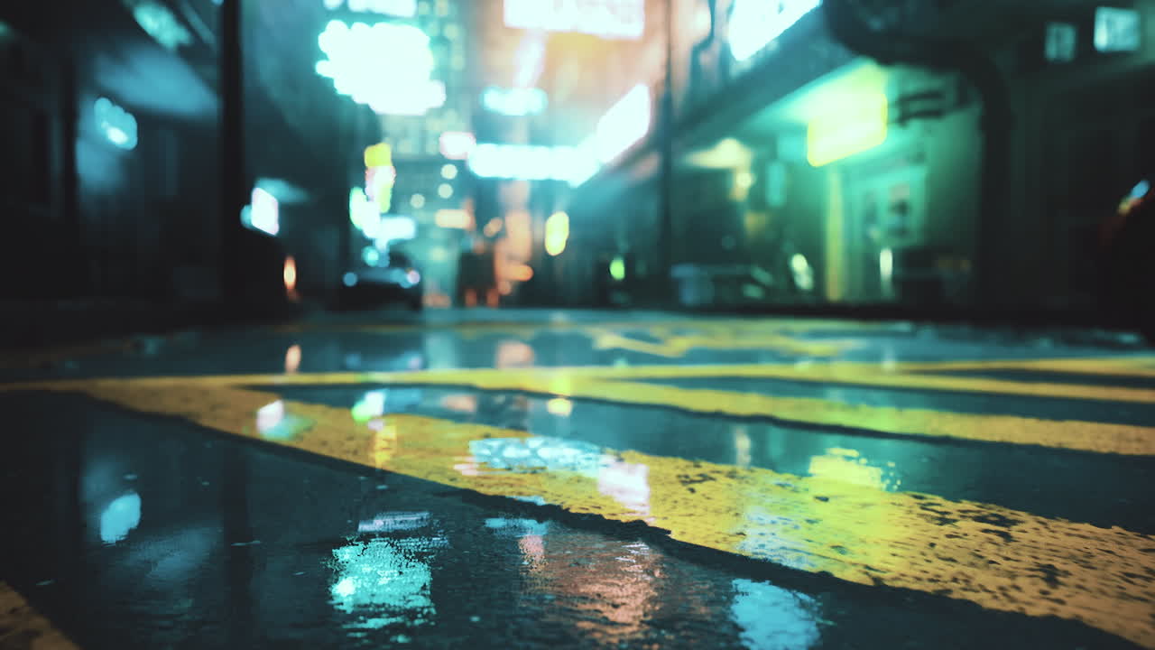 Rain soaked street with neon lights illuminating the urban night scene