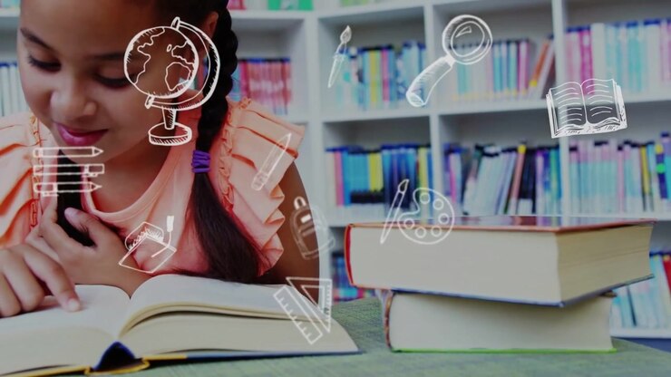 Vertikales Video: Mädchen fährt Buchseite in Bibliothek nach, Fingerbewegung erzeugt Kritzeleien, die das Lernen hervorheben.