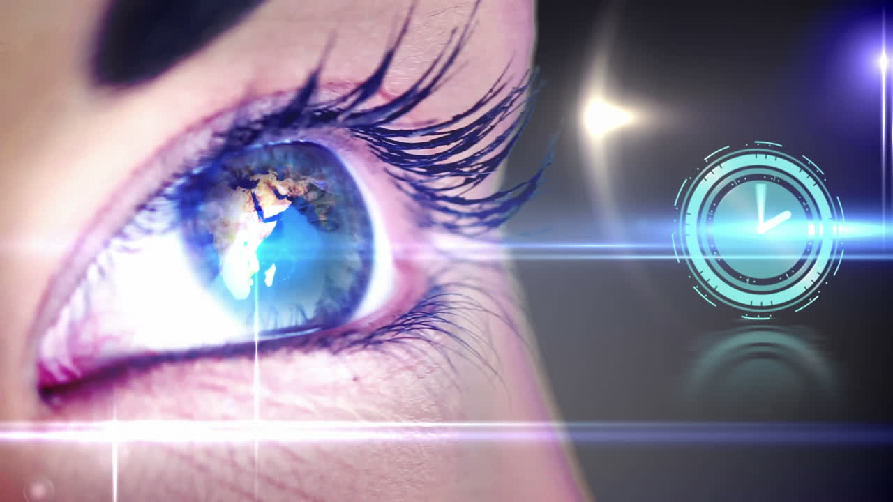 animación del globo y el reloj sobre los ojos de la mujer