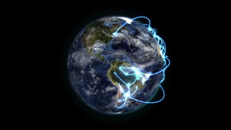 rotating earth with blue connections and clouds, image from nasa.org, no stars.