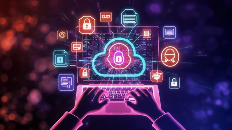 Person Typing on Laptop with Cyber Security and Cloud Computing Graphics