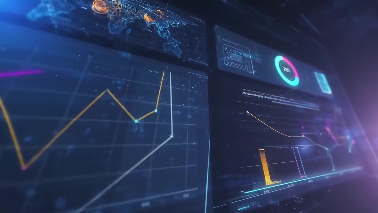 Animert digitalt dashbord som viser finansstatistikk og globale trender