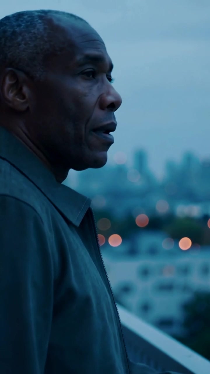 Vertical video: Camera panning senior man in coat leaning on railing, musing on skyline, copy space