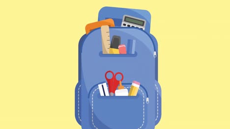 Animation-of-backpack-with-school-supplies-on-yellow-background