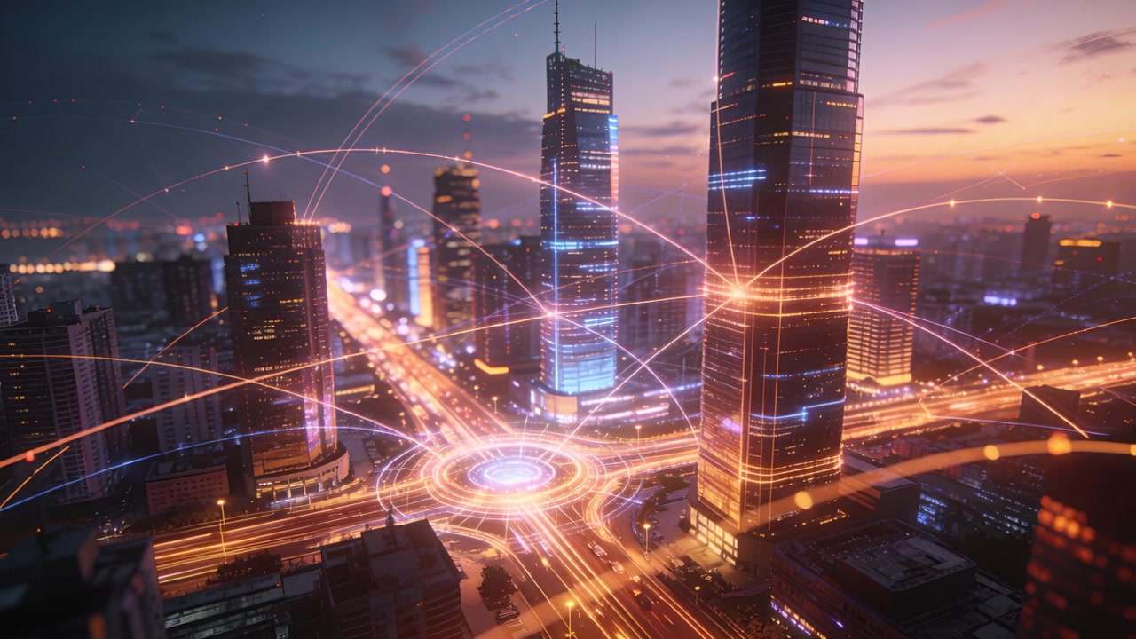 Animazione delle torri gemelle del CBD e della rotonda al tramonto, con archi illuminati che si innalzano collegando percorsi per mostrare la rete.