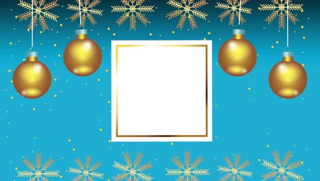 feliz tarjeta de navidad con bolas de oro colgando
