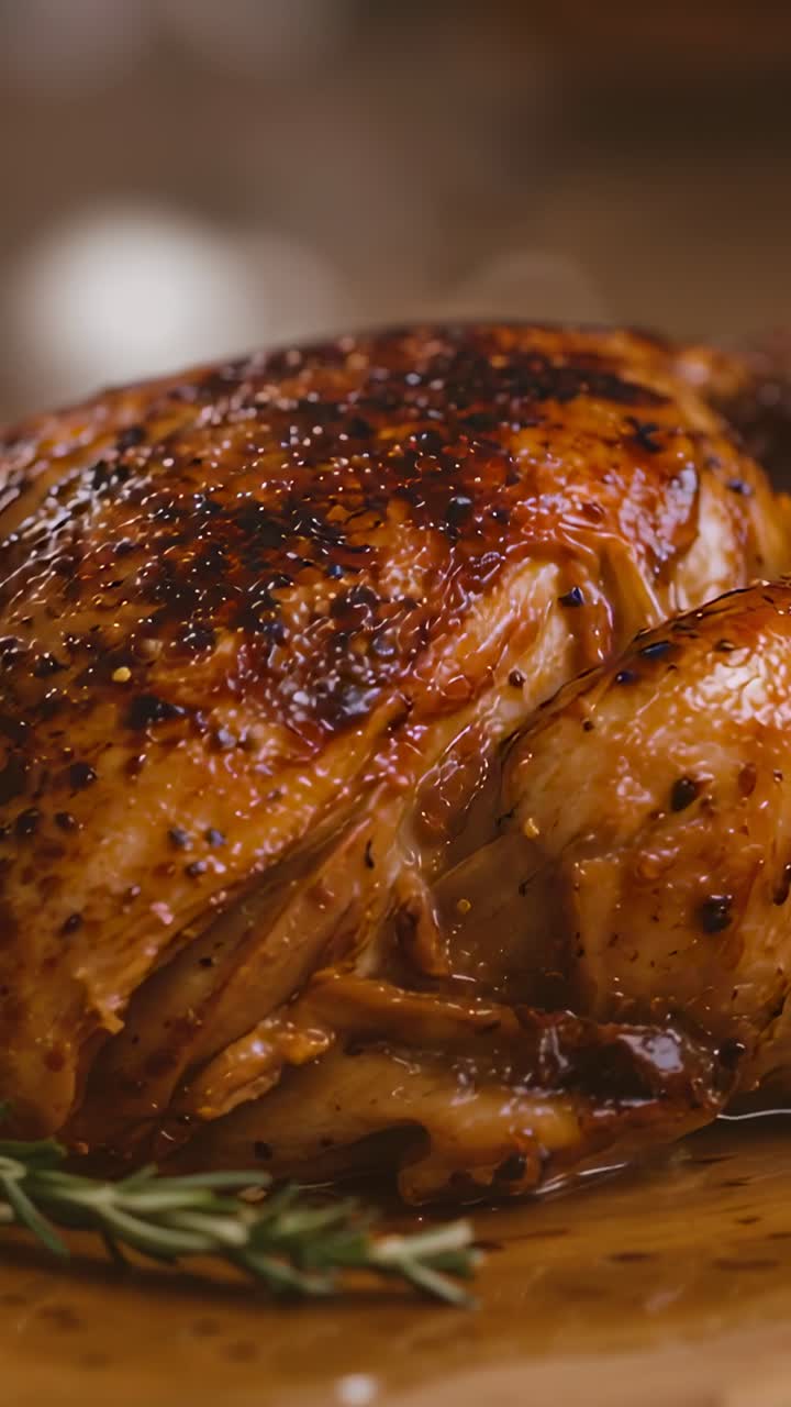 Video verticale: Telecamera che ingrandisce delicatamente un pollo arrosto glassato su un tagliere, mostrando la pelle e il rosmarino