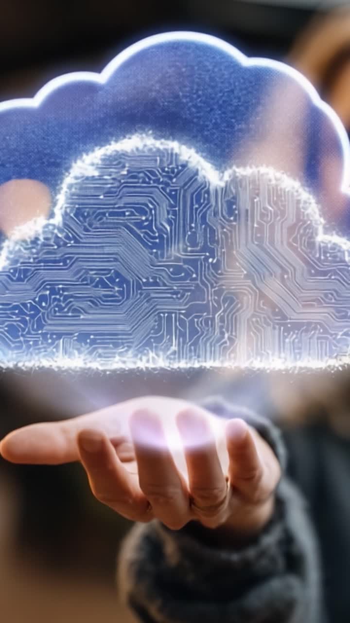 Harnessing Digital Innovation: A Visionary Woman Presenting a Futuristic Cloud Technology Concept with Circuit Patterns in a Dynamic Environment