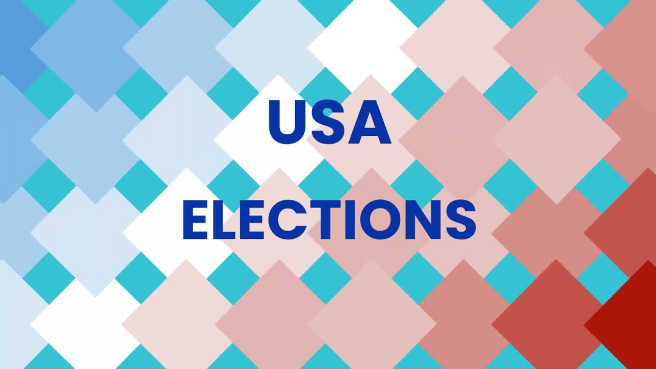 Animation of usa elections text over colourful square shapes