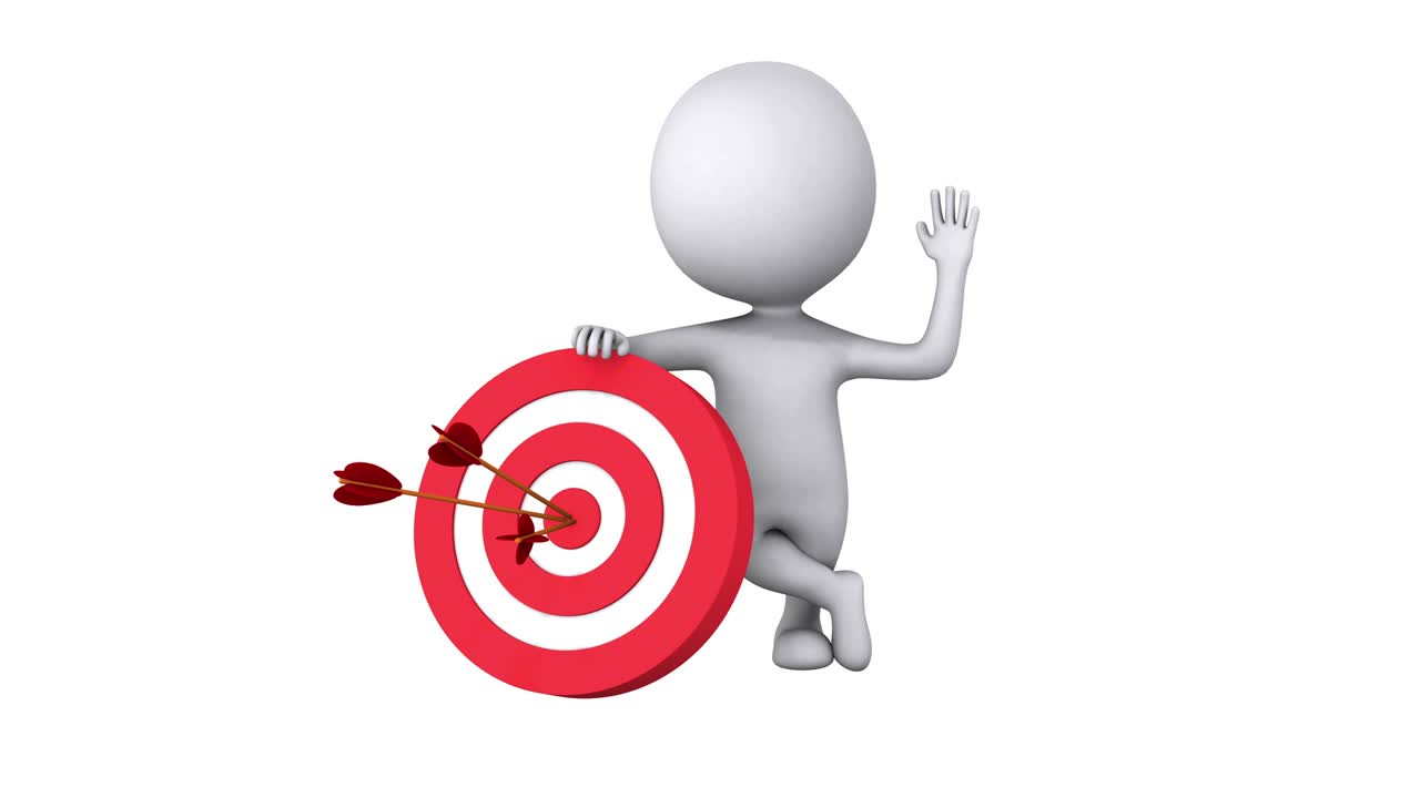 animación de personas blancas en 3d golpearon el objetivo rojo con tres flechas y agitando la mano.