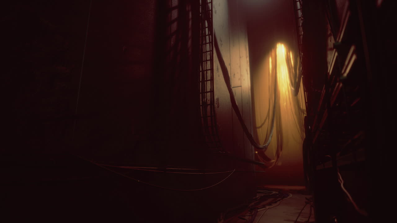 Dark corridor illuminated by warm light in an abandoned space