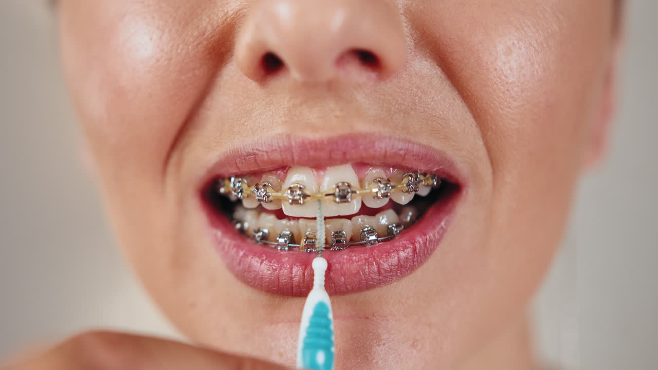 Woman cleaning teeth with braces using interdental brush