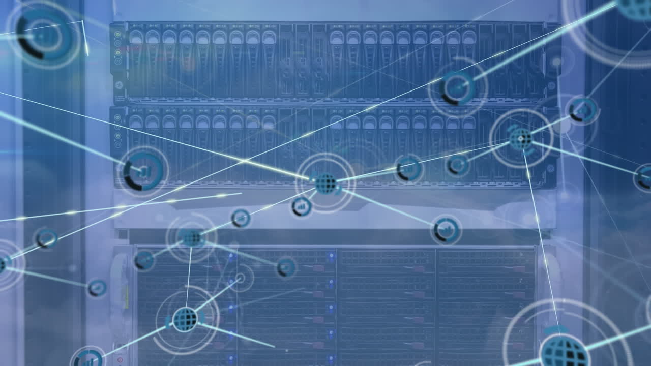 Animation of network of connections with icons over computer servers