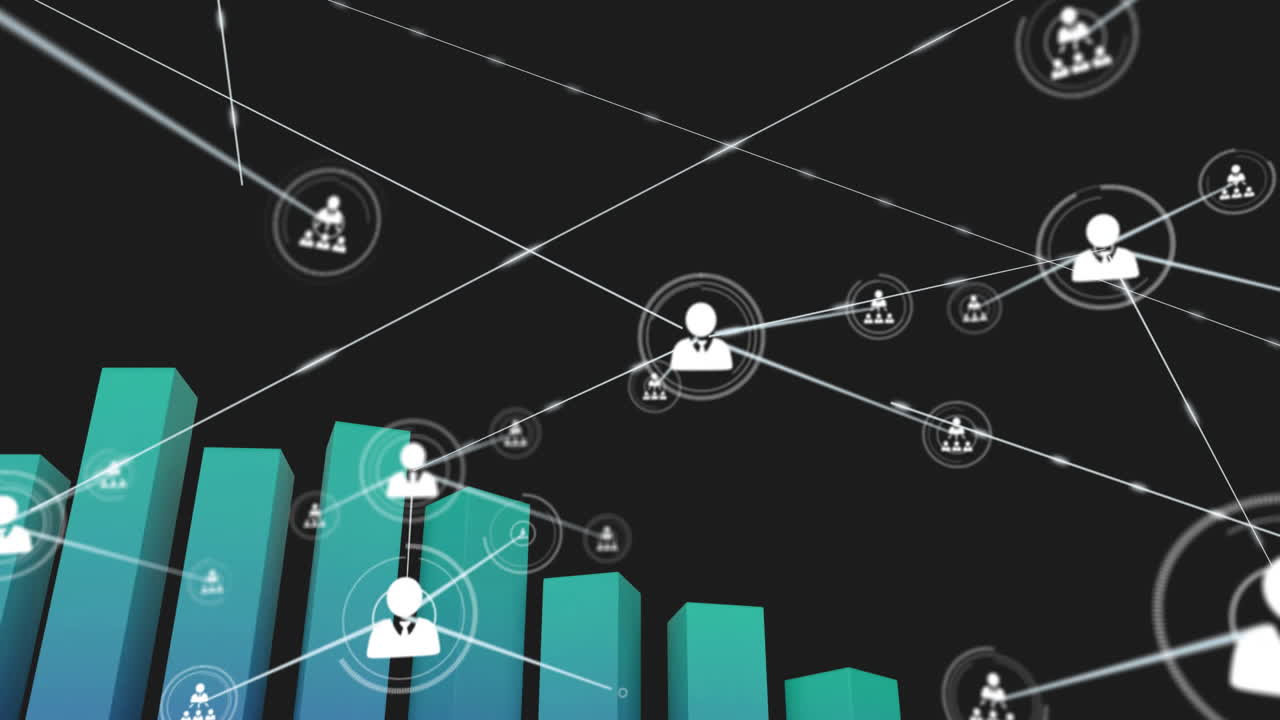 Animation of network of connections with icons and statistics data processing over black background