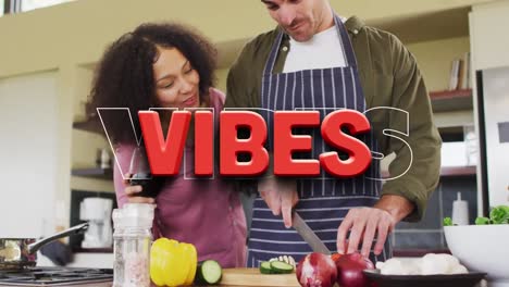 Animation-of-vibes-text-over-diverse-couple-cooking