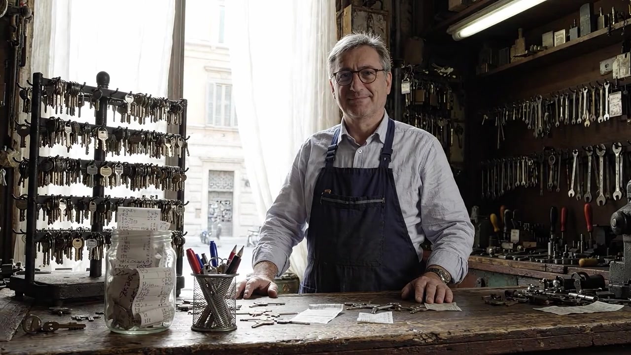 Artigiano in Officina Circondato da Chiavi e Strumenti, che Mostra Artigianalità e Attenzione ai Dettagli in un'Atmosfera Accogliente di Creatività e Abilità
