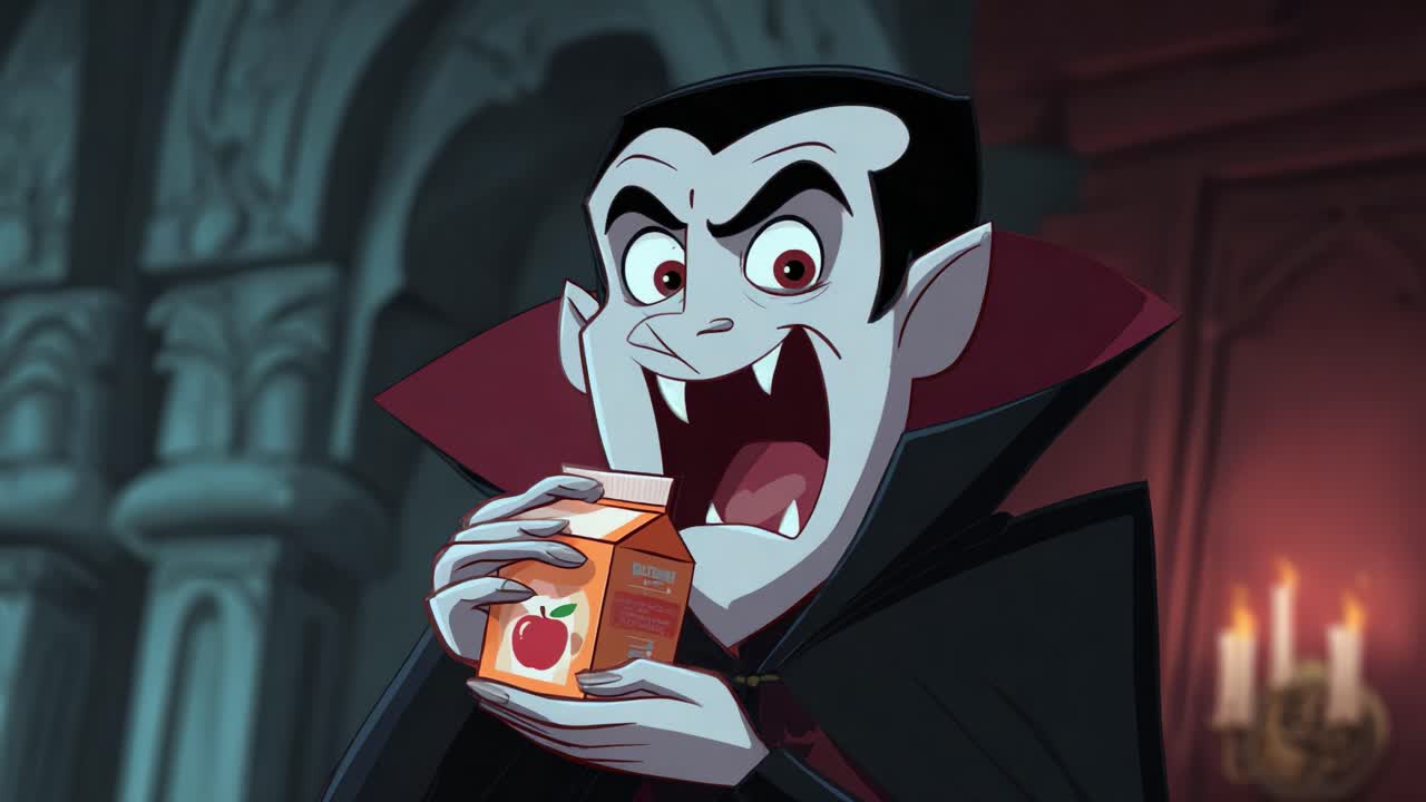 A whimsical vampire revels in his discovery of a carton of orange juice, showcasing his delight and surprise in this animated sequence filled with humor and charm