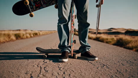 skateboarder standing on a cracked desert road