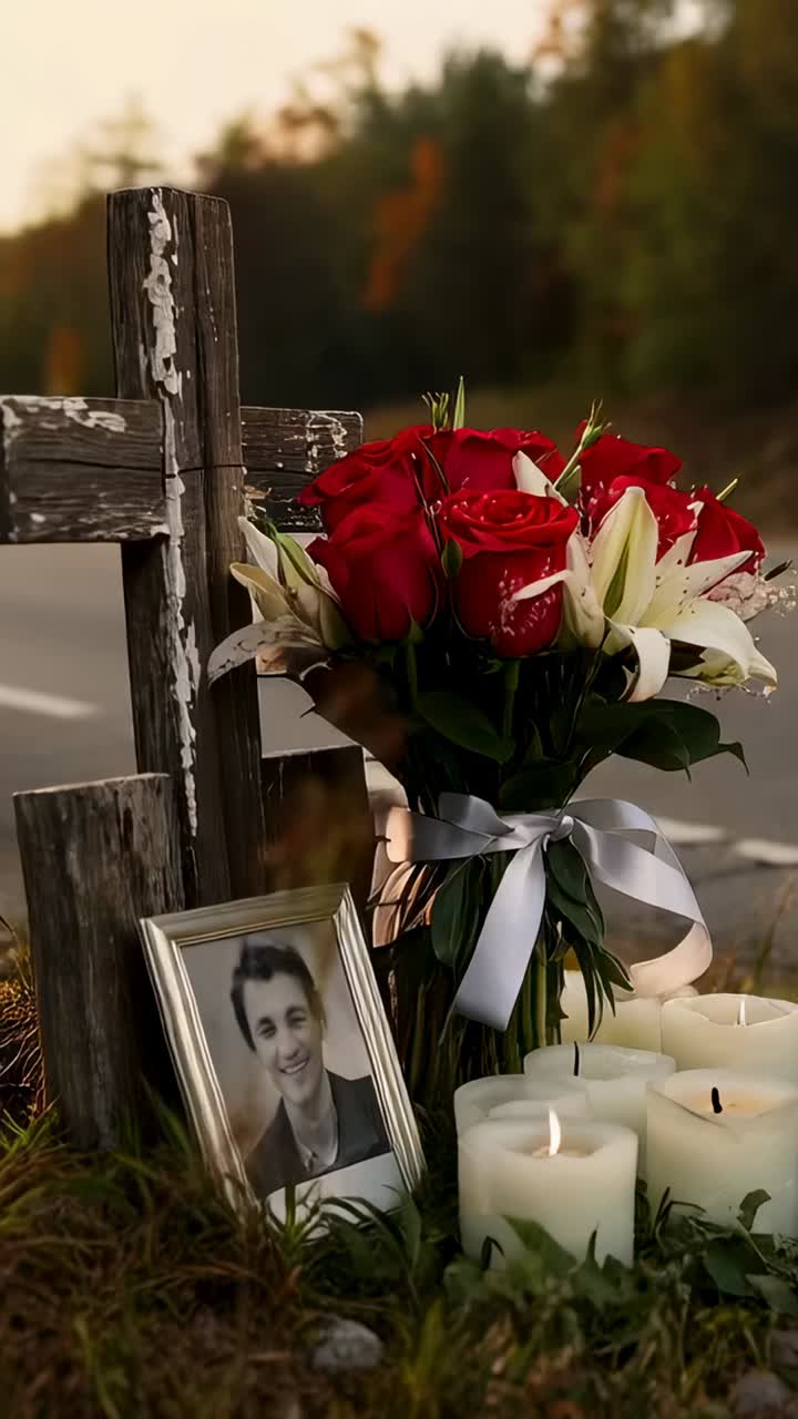 Video verticale: la camera si avvicina, mettendo a fuoco un memoriale stradale con rose, ritratto e camicia con colletto