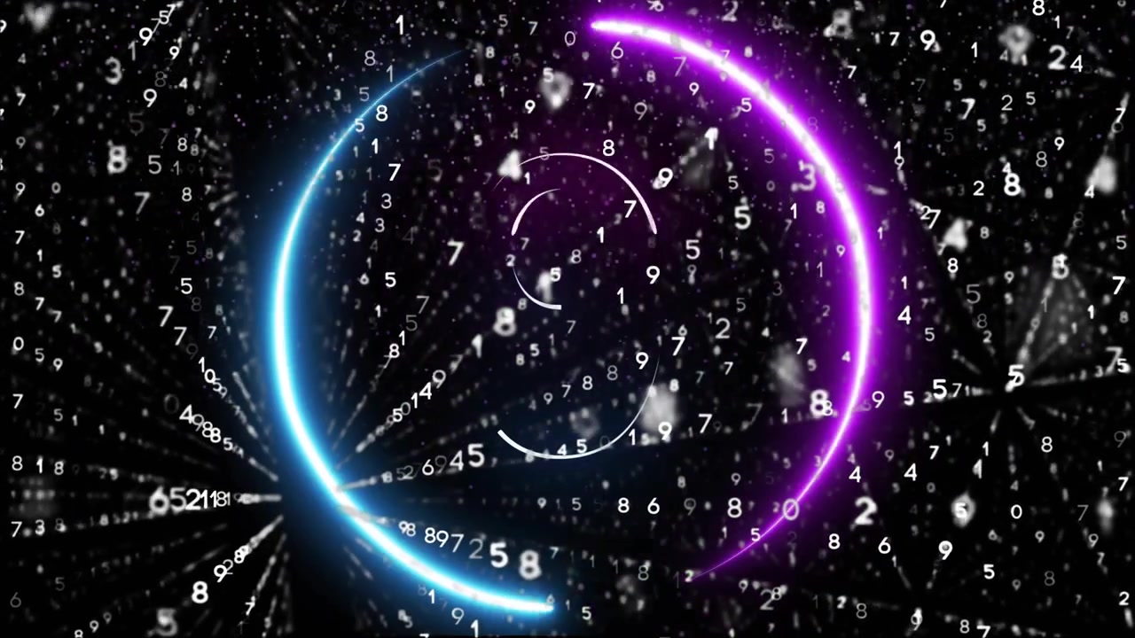 Partendo dal vuoto, con numeri bianchi radianti e archi viola e blu che formano cifre in sequenza.