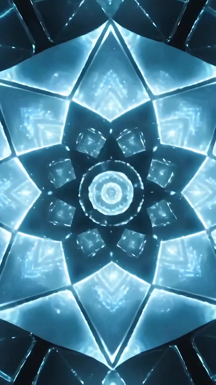 Video verticale: Anello che appare innesca un mandala luminoso che si trasforma in stella in una camera, sfera pulsante