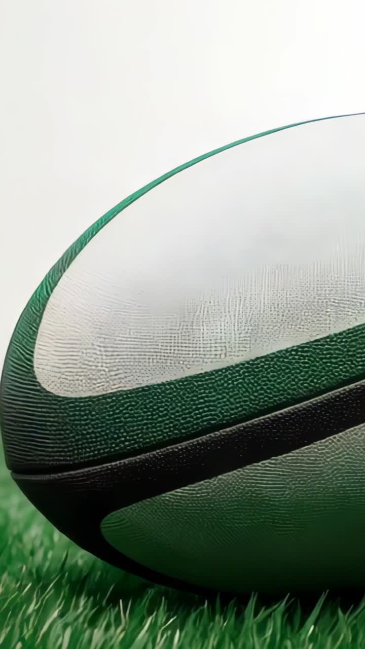 Vertical video: At frame two rugby ball rotating on grass turf revealing green stripes, copy space