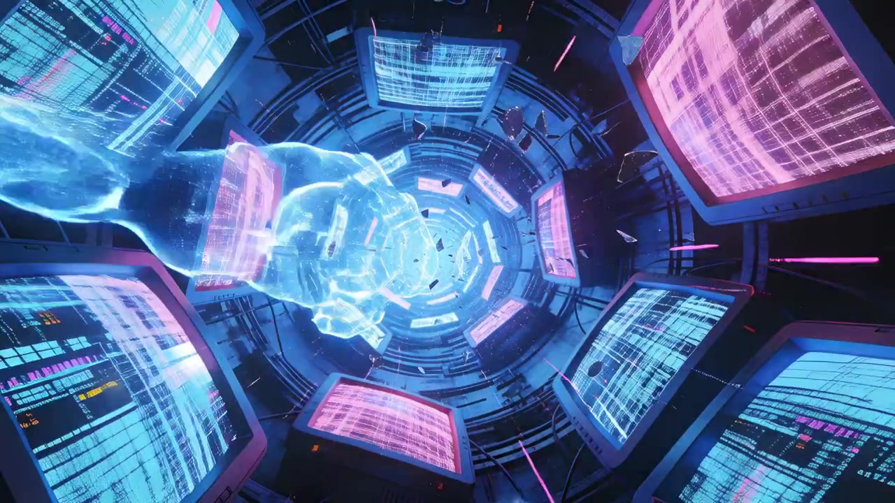 Reacting to monitor pulse, blue hologram hand probing central data tunnel, passing fragments