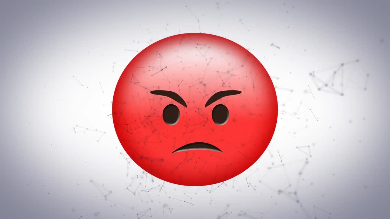 Digital animation of network of connections against red angry face emoji on grey background