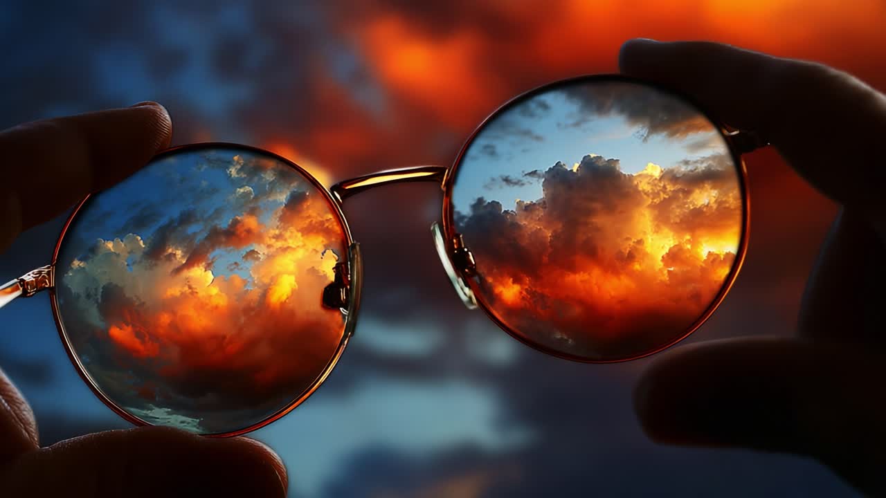 A Stunning View Through Sunglasses Capturing Vibrant Clouds and Colorful Sunset Reflections, Showcasing the Beauty of Nature Framed by Eyewear