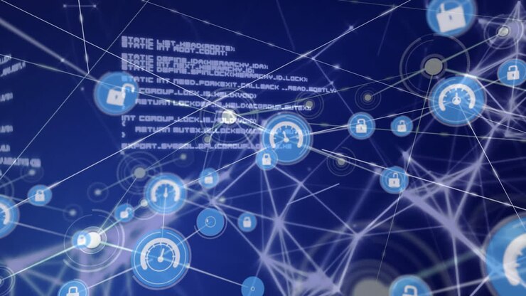 Animation of network of connections with padlock icons over data processing